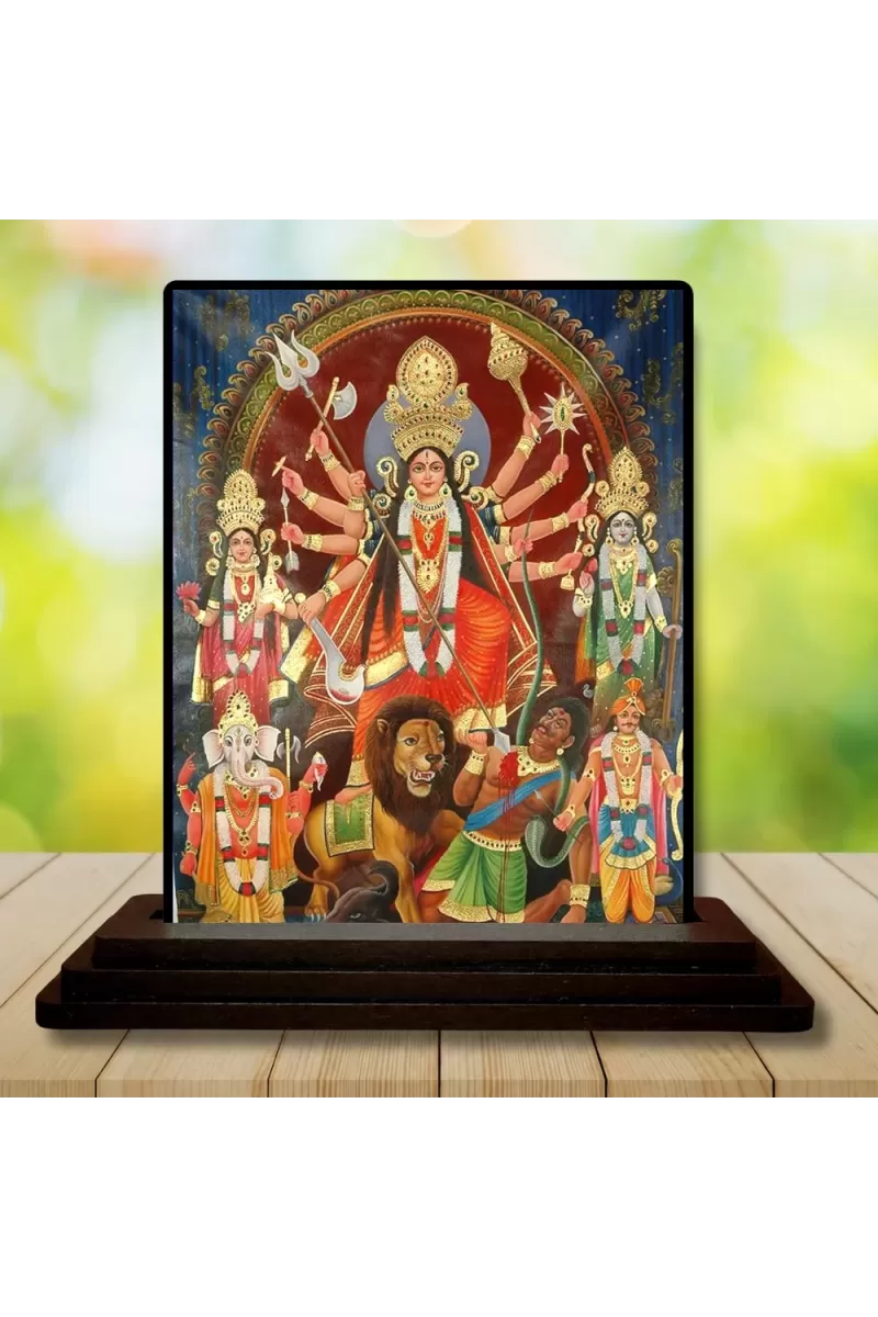 Car Dashboard Goddess Durga Wooden Photo Stand  3x4 Inches, Compact & Stylish Spiritual Display For Car, Home & Office (Pack Of 1) (F48746)