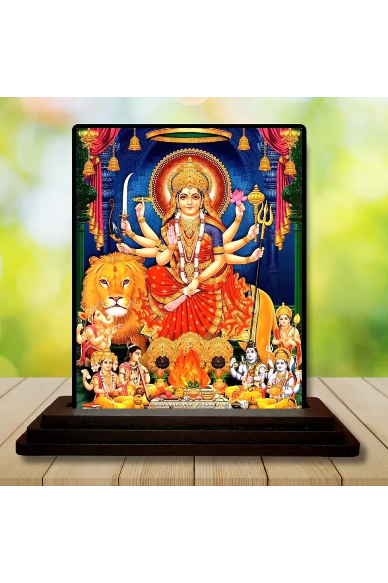 Car Dashboard Goddess Durga Wooden Photo Stand  3x4 Inches, Compact & Stylish Spiritual Display For Car, Home & Office (Pack Of 1) (F48751)