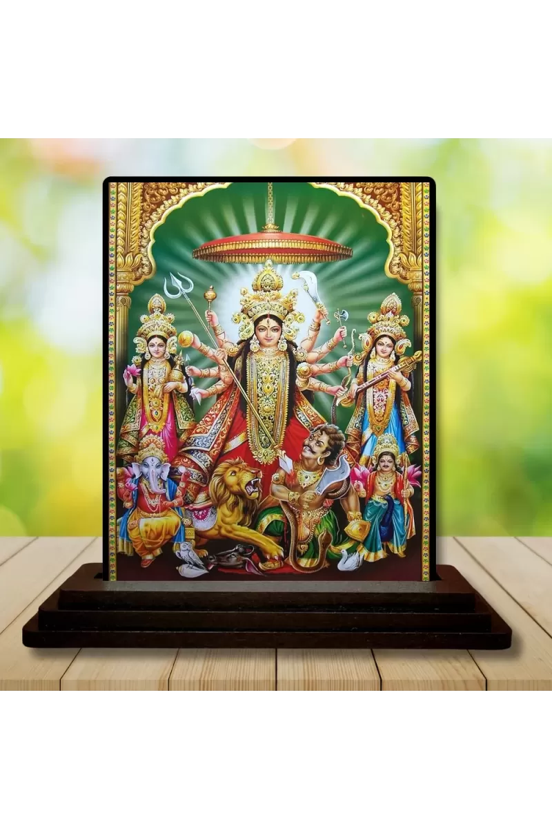 Car Dashboard Goddess Durga Wooden Photo Stand  3x4 Inches, Compact & Stylish Spiritual Display For Car, Home & Office (Pack Of 1) (F48759)