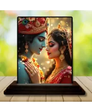 Car Dashboard Radha Krishna Wooden Photo Stand  3x4 Inches, Compact & Stylish Spiritual Display For Car, Home & Office (Pack Of 1) (F48974)