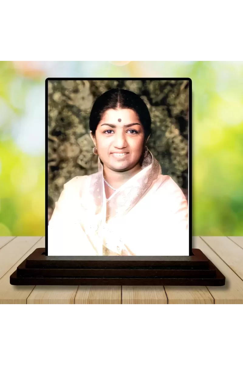 Car Dashboard Lata Mangeshkar Wooden Photo Stand  3x4 Inches, Compact & Stylish Spiritual Display For Car, Home & Office (Pack Of 1) (F48982)