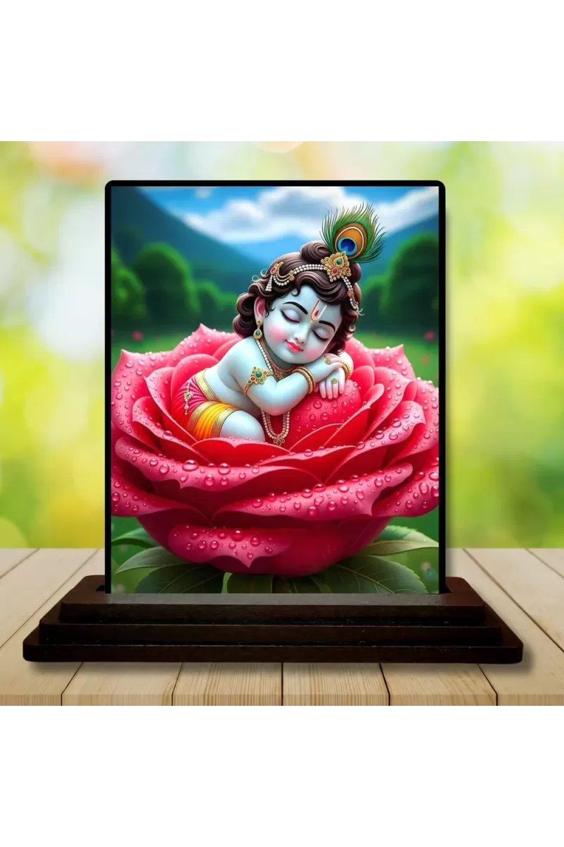 Car Dashboard Lord Shree Krishna Wooden Photo Stand  3x4 Inches, Compact & Stylish Spiritual Display For Car, Home & Office (Pack Of 1) (F48991)