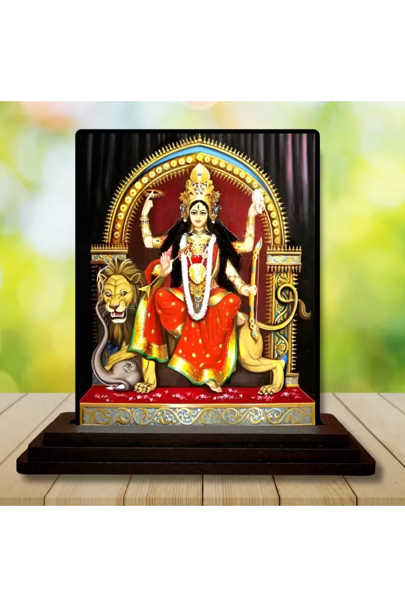 Car Dashboard Goddess Durga Wooden Photo Stand  3x4 Inches, Compact & Stylish Spiritual Display For Car, Home & Office (Pack Of 1) (F48997)