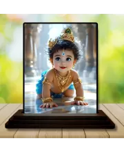 Car Dashboard Krishna Wooden Photo Stand  3x4 Inches, Compact & Stylish Spiritual Display For Car, Home & Office (Pack Of 1) (F49009)