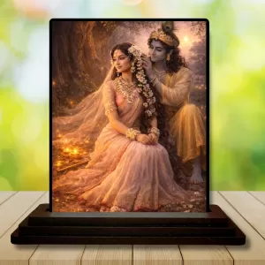 Car Dashboard Radha And Shree Krishna Wooden Photo Stand  3x4 Inches, Compact & Stylish Spiritual Display For Car, Home & Office (Pack Of 1) (F49013)