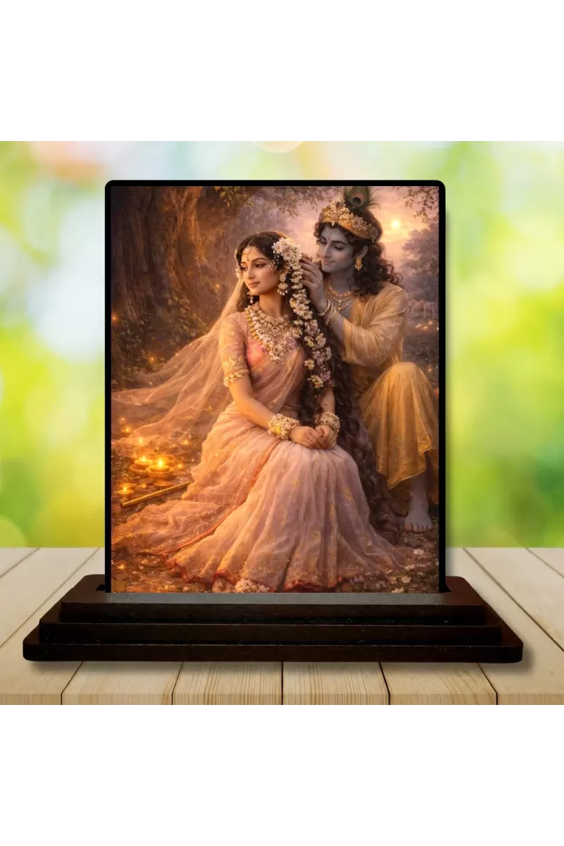 Car Dashboard Radha And Shree Krishna Wooden Photo Stand  3x4 Inches, Compact & Stylish Spiritual Display For Car, Home & Office (Pack Of 1) (F49013)