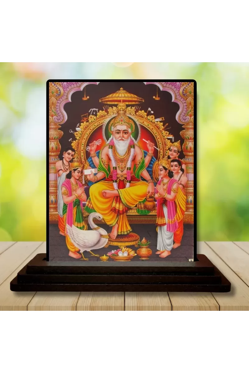 Car Dashboard Lord Brahma Wooden Photo Stand  3x4 Inches, Compact & Stylish Spiritual Display For Car, Home & Office (Pack Of 1) (F49047)