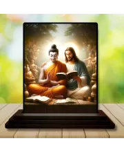 Car Dashboard Gautama Buddha And Jesus Wooden Photo Stand  3x4 Inches, Compact & Stylish Spiritual Display For Car, Home & Office (Pack Of 1) (F49061)