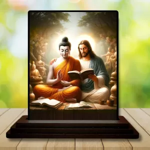 Car Dashboard Gautama Buddha And Jesus Wooden Photo Stand  3x4 Inches, Compact & Stylish Spiritual Display For Car, Home & Office (Pack Of 1) (F49061)
