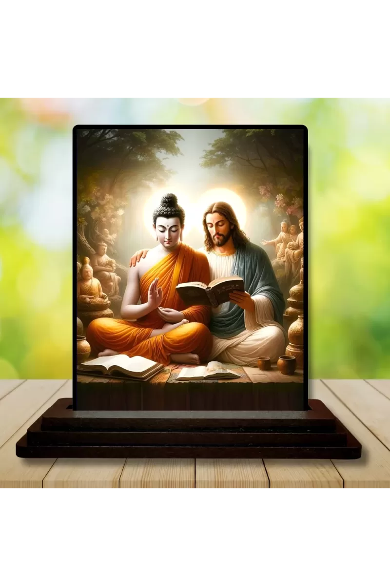 Car Dashboard Gautama Buddha And Jesus Wooden Photo Stand  3x4 Inches, Compact & Stylish Spiritual Display For Car, Home & Office (Pack Of 1) (F49061)
