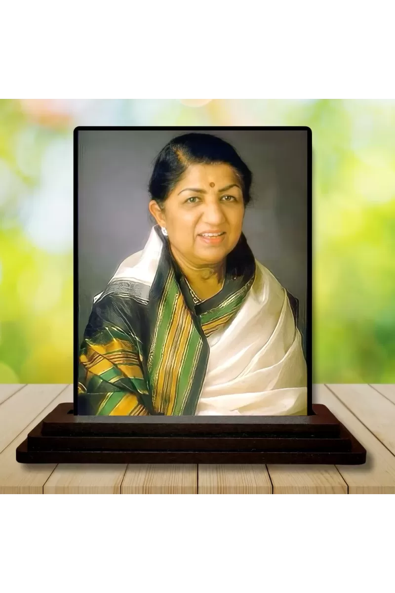 Car Dashboard Lata Mangeshkar Wooden Photo Stand  3x4 Inches, Compact & Stylish Spiritual Display For Car, Home & Office (Pack Of 1) (F49066)