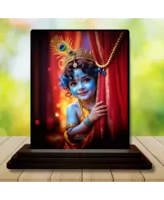 Car Dashboard Lord Shree Krishna Wooden Photo Stand  3x4 Inches, Compact & Stylish Spiritual Display For Car, Home & Office (Pack Of 1) (F49077)