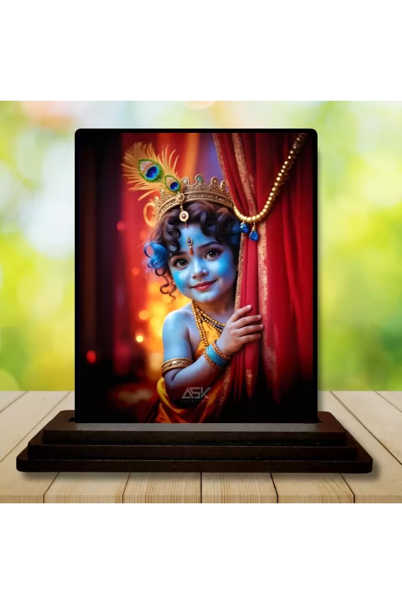 Car Dashboard Lord Shree Krishna Wooden Photo Stand  3x4 Inches, Compact & Stylish Spiritual Display For Car, Home & Office (Pack Of 1) (F49077)