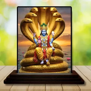 Car Dashboard Lord Lord Vishnu Wooden Photo Stand  3x4 Inches, Compact & Stylish Spiritual Display For Car, Home & Office (Pack Of 1) (F49079)