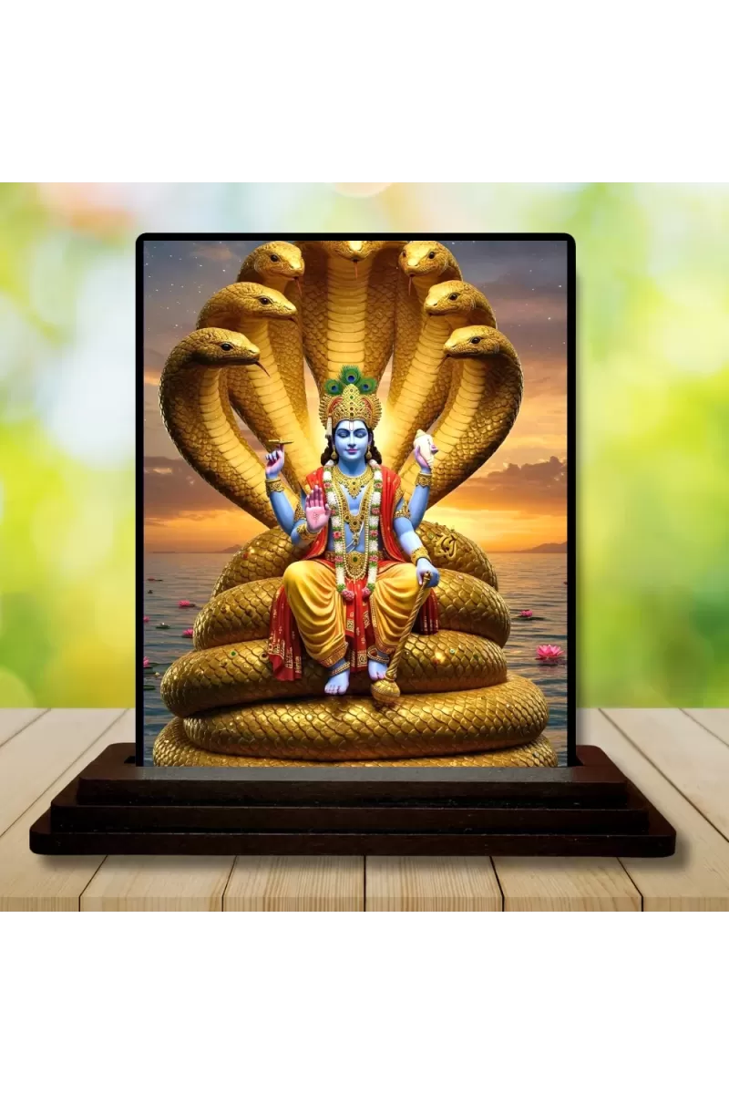 Car Dashboard Lord Lord Vishnu Wooden Photo Stand  3x4 Inches, Compact & Stylish Spiritual Display For Car, Home & Office (Pack Of 1) (F49079)
