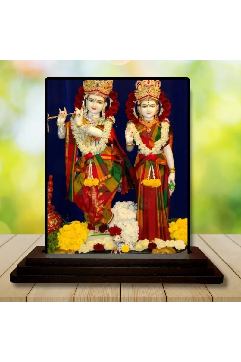 Car Dashboard Radha Krishna Wooden Photo Stand  3x4 Inches, Compact & Stylish Spiritual Display For Car, Home & Office (Pack Of 1) (F49088)