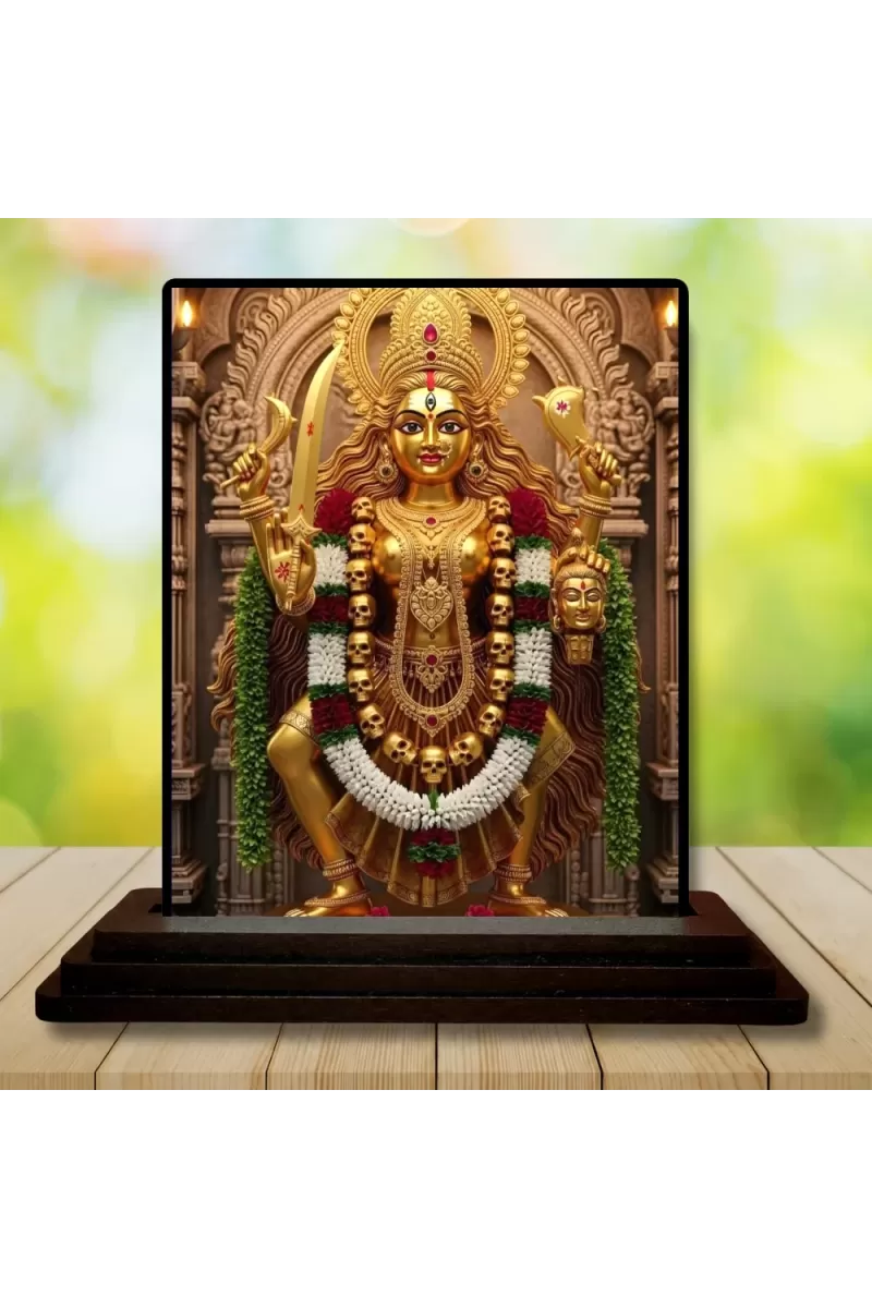 Car Dashboard Goddess Durga Wooden Photo Stand  3x4 Inches, Compact & Stylish Spiritual Display For Car, Home & Office (Pack Of 1) (F49090)