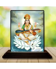 Car Dashboard Goddess Saraswati Wooden Photo Stand  3x4 Inches, Compact & Stylish Spiritual Display For Car, Home & Office (Pack Of 1) (F49093)
