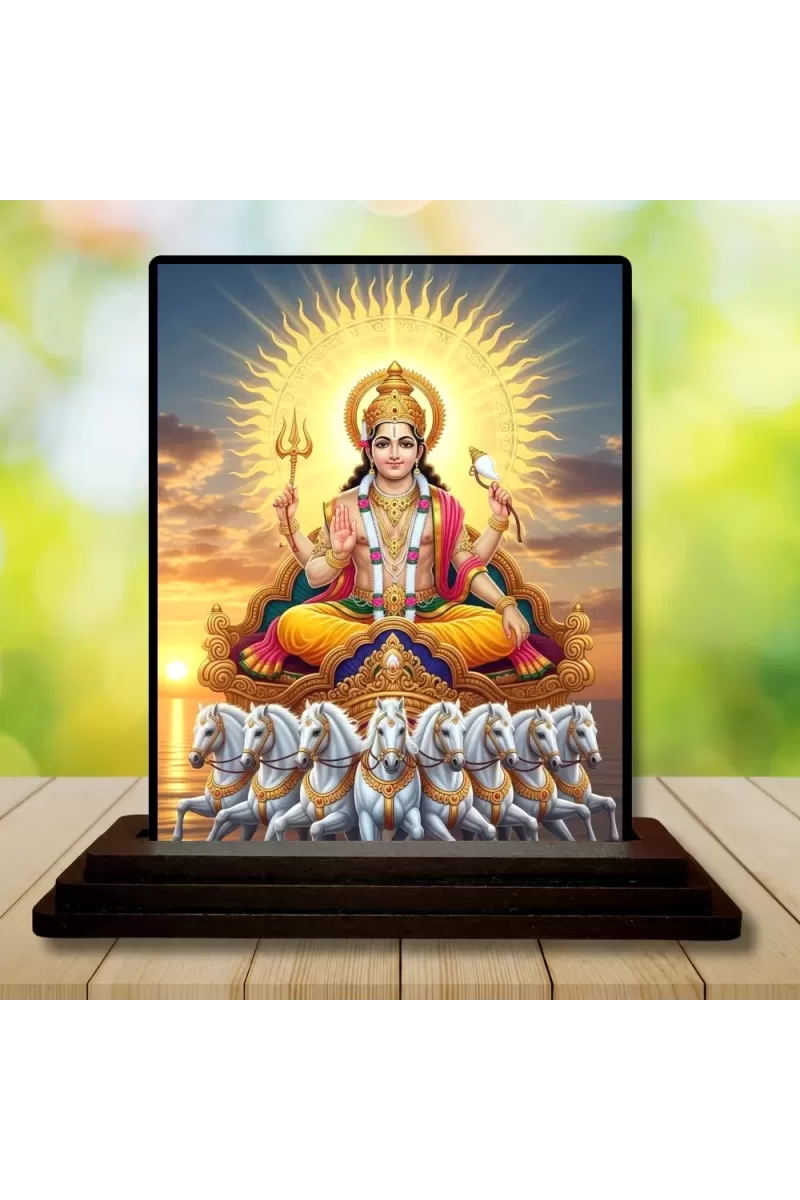 Car Dashboard Lord Surya Wooden Photo Stand  3x4 Inches, Compact & Stylish Spiritual Display For Car, Home & Office (Pack Of 1) (F49097)