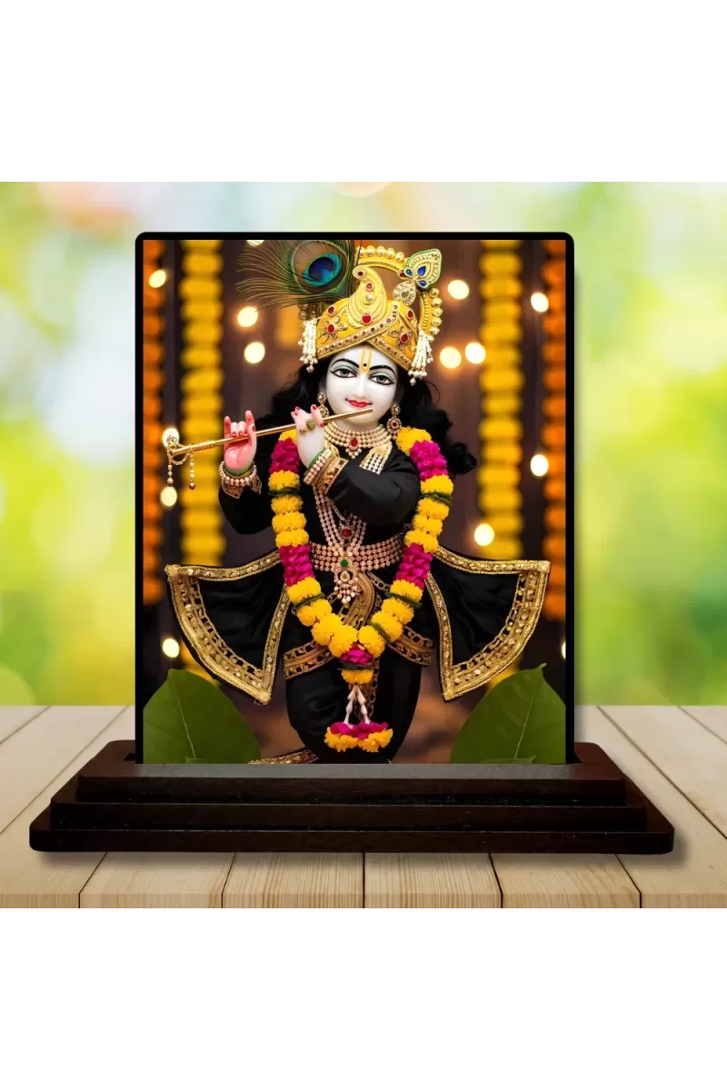 Car Dashboard Lord Shree Krishna Wooden Photo Stand  3x4 Inches, Compact & Stylish Spiritual Display For Car, Home & Office (Pack Of 1) (F49099)