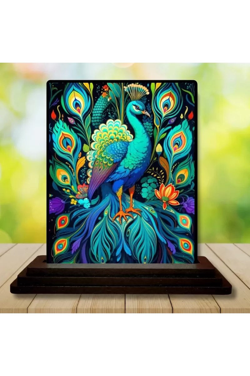 Car Dashboard Peacock Wooden Photo Stand  3x4 Inches, Compact & Stylish Spiritual Display For Car, Home & Office (Pack Of 1) (F49107)