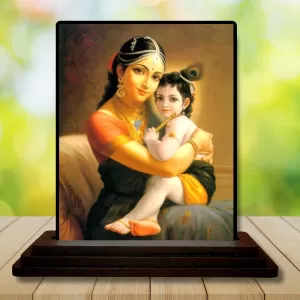 Car Dashboard Yashoda And Shree Krishna Wooden Photo Stand  3x4 Inches, Compact & Stylish Spiritual Display For Car, Home & Office (Pack Of 1) (F49110)