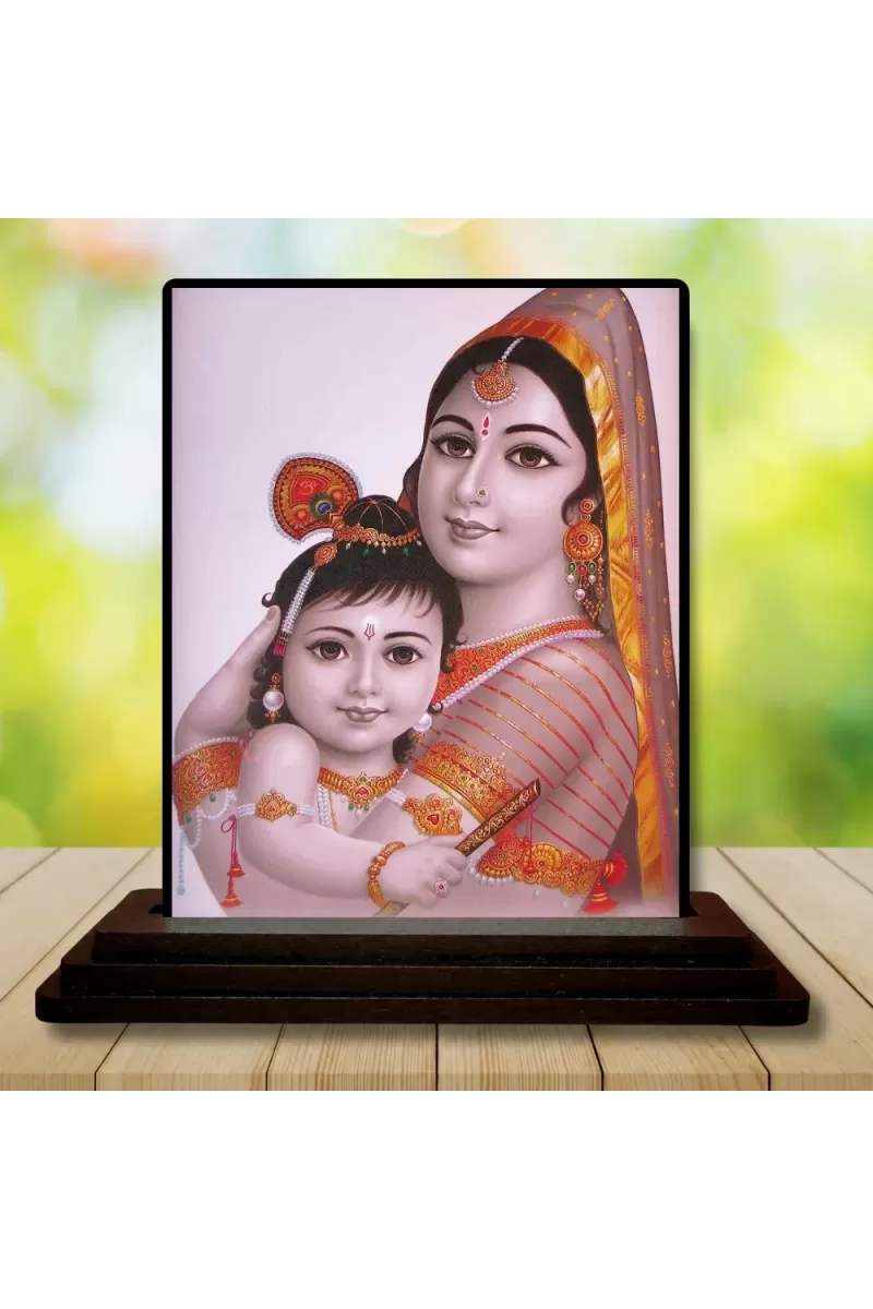 Car Dashboard Yashoda And Shree Krishna Wooden Photo Stand  3x4 Inches, Compact & Stylish Spiritual Display For Car, Home & Office (Pack Of 1) (F49113)