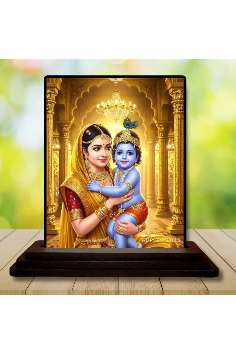 Car Dashboard Mata Yoshoda And  Baby Krishna Wooden Photo Stand  3x4 Inches, Compact & Stylish Spiritual Display For Car, Home & Office (Pack Of 1) (F49118)