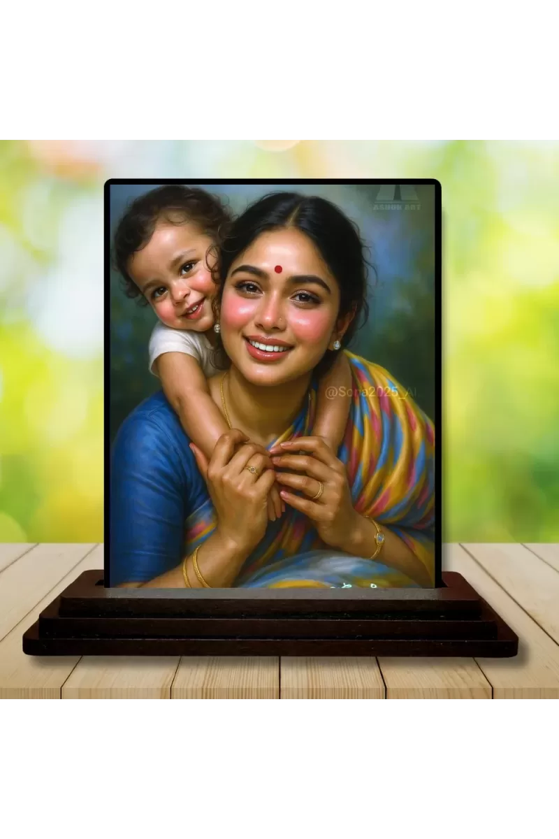 Car Dashboard Mother With Her Kid Painting Wooden Photo Stand  3x4 Inches, Compact & Stylish Spiritual Display For Car, Home & Office (Pack Of 1) (F49268)
