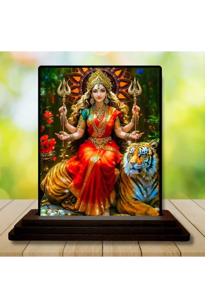Car Dashboard Goddess Durga Wooden Photo Stand  3x4 Inches, Compact & Stylish Spiritual Display For Car, Home & Office (Pack Of 1) (F49276)