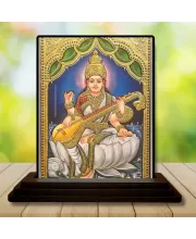 Car Dashboard Goddess Saraswati Wooden Photo Stand  3x4 Inches, Compact & Stylish Spiritual Display For Car, Home & Office (Pack Of 1) (F49281)