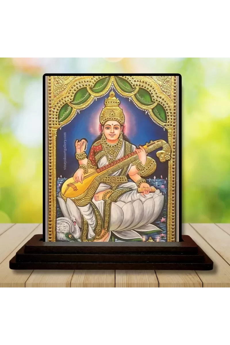 Car Dashboard Goddess Saraswati Wooden Photo Stand  3x4 Inches, Compact & Stylish Spiritual Display For Car, Home & Office (Pack Of 1) (F49281)