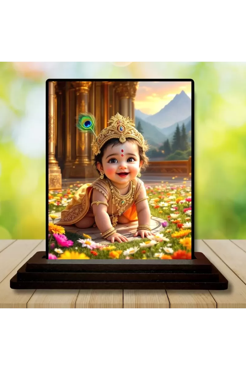 Car Dashboard Lord Krishna Wooden Photo Stand  3x4 Inches, Compact & Stylish Spiritual Display For Car, Home & Office (Pack Of 1) (F49292)