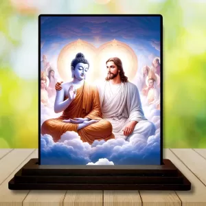 Car Dashboard Gautama Buddha And Jesus Christ Wooden Photo Stand  3x4 Inches, Compact & Stylish Spiritual Display For Car, Home & Office (Pack Of 1) (F49294)