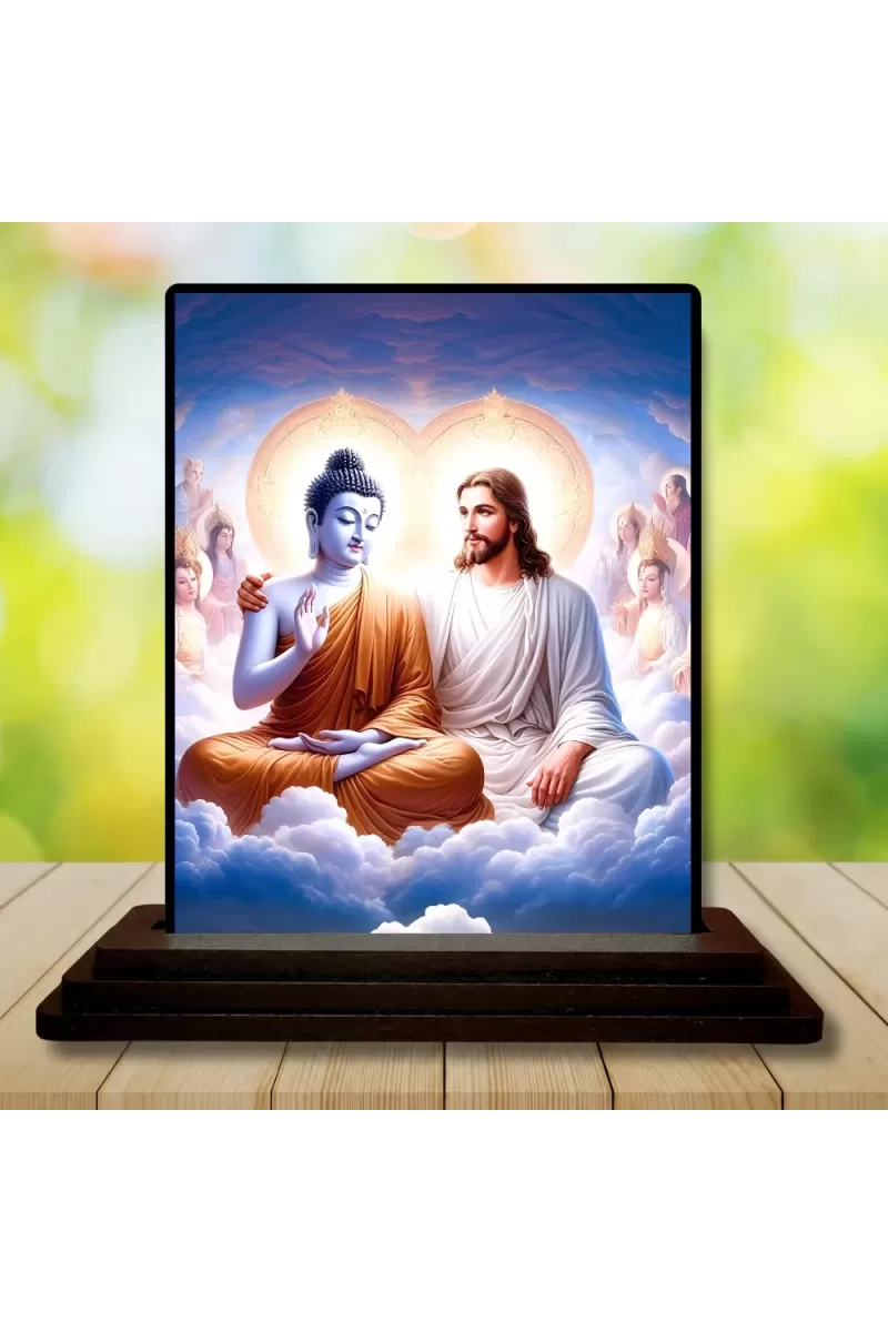 Car Dashboard Gautama Buddha And Jesus Christ Wooden Photo Stand  3x4 Inches, Compact & Stylish Spiritual Display For Car, Home & Office (Pack Of 1) (F49294)