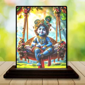 Car Dashboard Krishna Wooden Photo Stand  3x4 Inches, Compact & Stylish Spiritual Display For Car, Home & Office (Pack Of 1) (F49296)