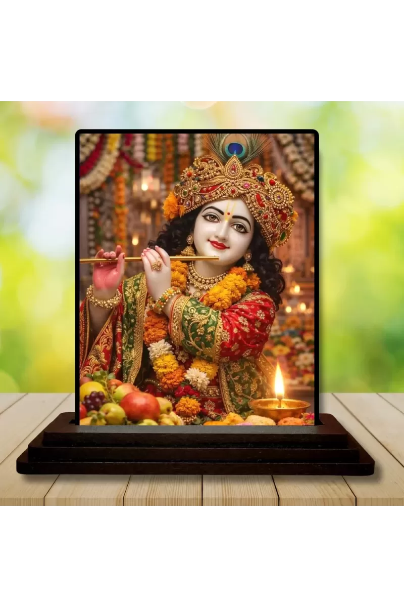 Car Dashboard Shree Krishna Wooden Photo Stand  3x4 Inches, Compact & Stylish Spiritual Display For Car, Home & Office (Pack Of 1) (F49319)