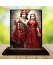 Car Dashboard Radha Krishna Wooden Photo Stand  3x4 Inches, Compact & Stylish Spiritual Display For Car, Home & Office (Pack Of 1) (F49327)
