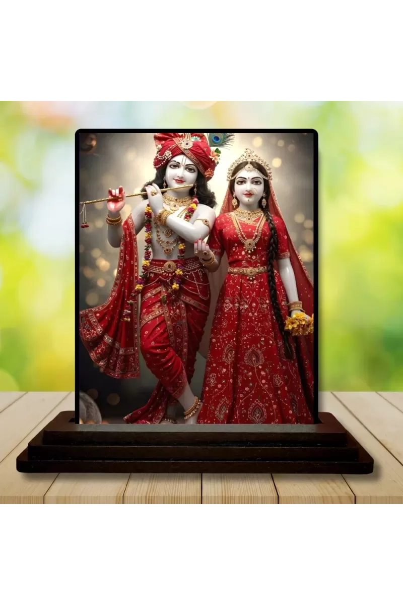 Car Dashboard Radha Krishna Wooden Photo Stand  3x4 Inches, Compact & Stylish Spiritual Display For Car, Home & Office (Pack Of 1) (F49327)