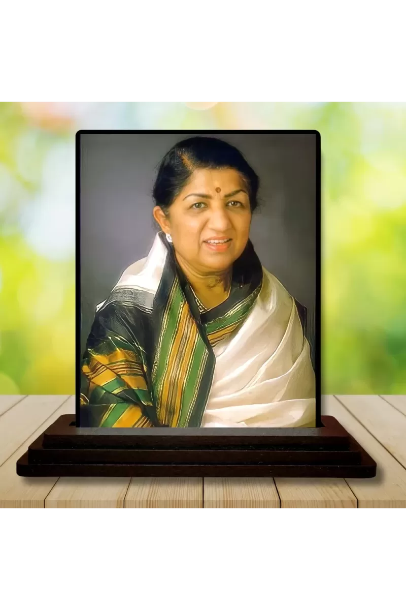Car Dashboard Lata Mangeshkar Wooden Photo Stand  3x4 Inches, Compact & Stylish Spiritual Display For Car, Home & Office (Pack Of 1) (F49337)