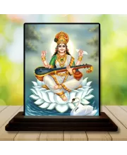 Car Dashboard Goddess Saraswati Wooden Photo Stand  3x4 Inches, Compact & Stylish Spiritual Display For Car, Home & Office (Pack Of 1) (F49350)