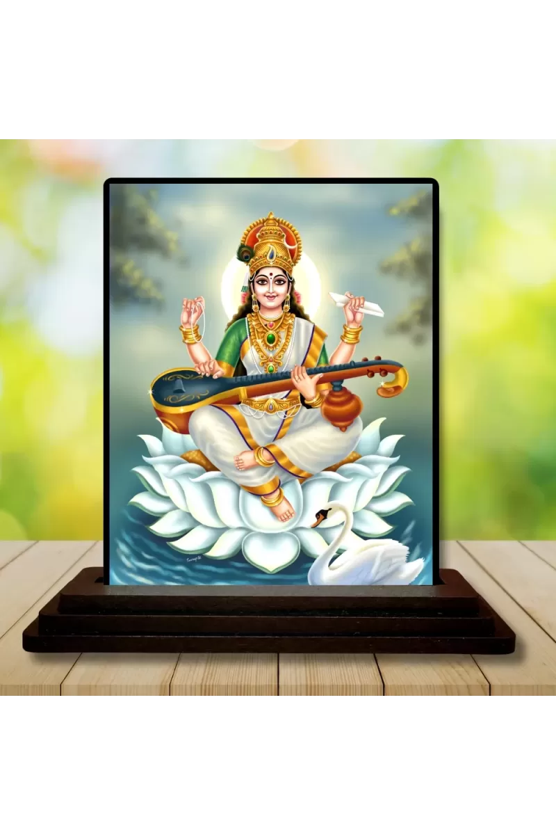 Car Dashboard Goddess Saraswati Wooden Photo Stand  3x4 Inches, Compact & Stylish Spiritual Display For Car, Home & Office (Pack Of 1) (F49350)