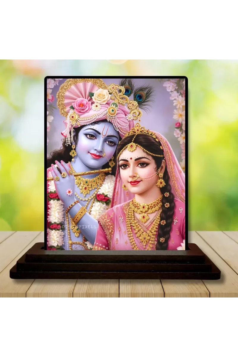 Car Dashboard Krishna And Radha Wooden Photo Stand  3x4 Inches, Compact & Stylish Spiritual Display For Car, Home & Office (Pack Of 1) (F49363)