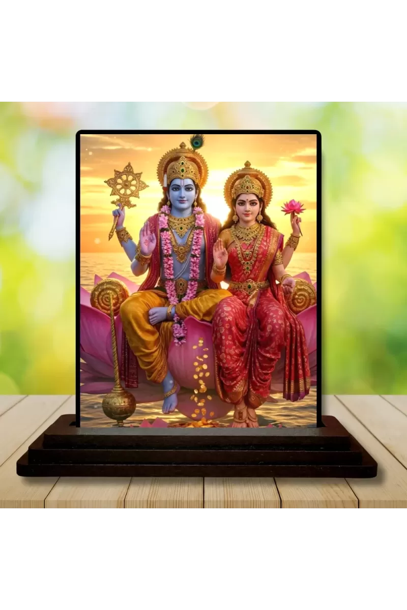 Car Dashboard Lakshmi And Vishnu Wooden Photo Stand  3x4 Inches, Compact & Stylish Spiritual Display For Car, Home & Office (Pack Of 1) (F49380)
