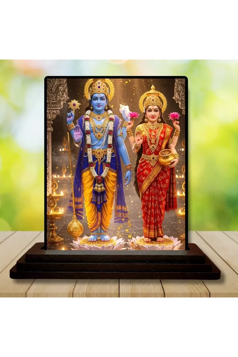 Car Dashboard Lakshmi And Vishnu Wooden Photo Stand  3x4 Inches, Compact & Stylish Spiritual Display For Car, Home & Office (Pack Of 1) (F49381)