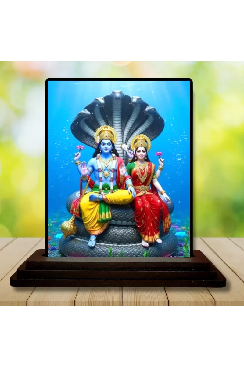 Car Dashboard Vishnu And Lakshmi Wooden Photo Stand  3x4 Inches, Compact & Stylish Spiritual Display For Car, Home & Office (Pack Of 1) (F49383)