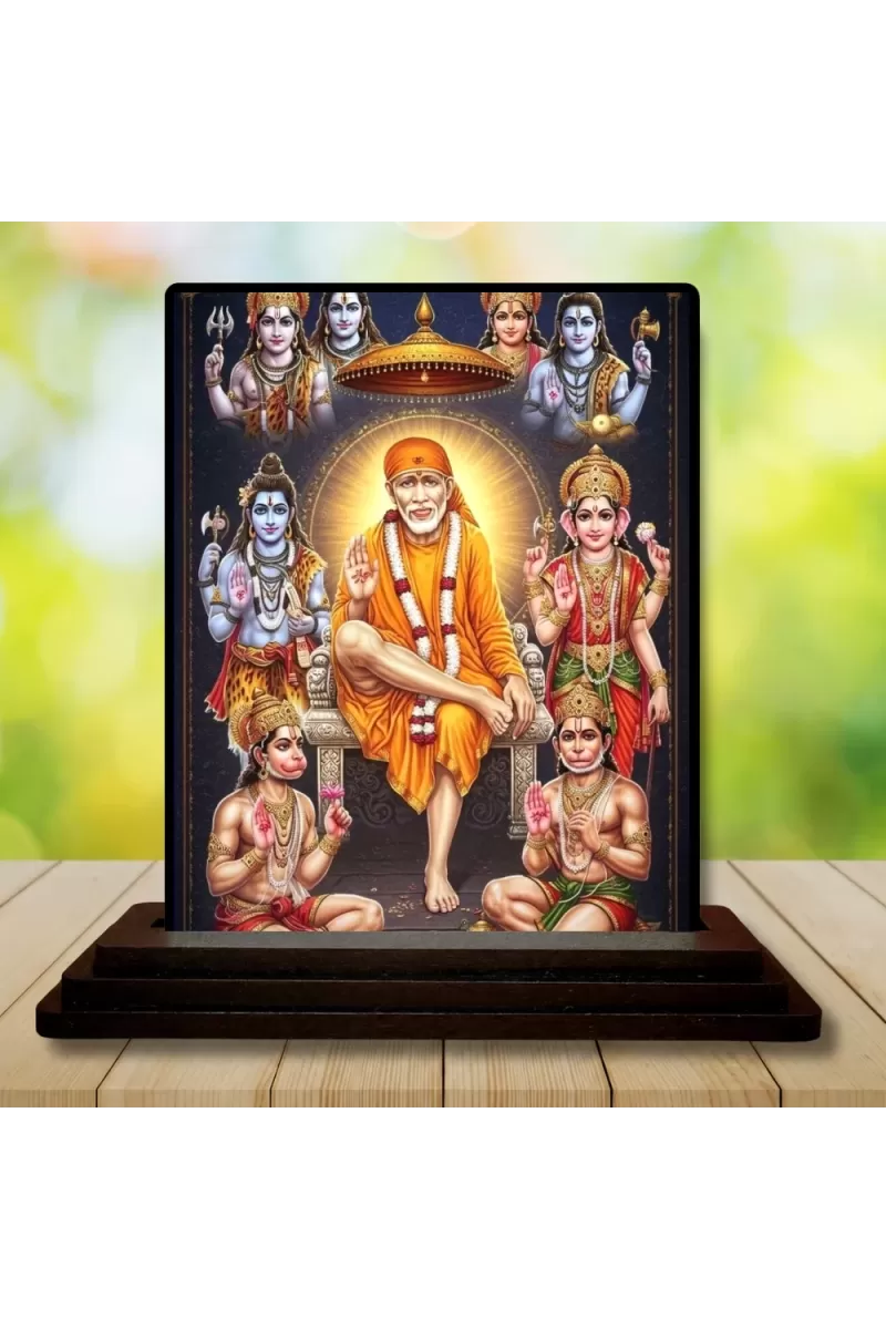 Car Dashboard Sai Baba Wooden Photo Stand  3x4 Inches, Compact & Stylish Spiritual Display For Car, Home & Office (Pack Of 1) (F49389)