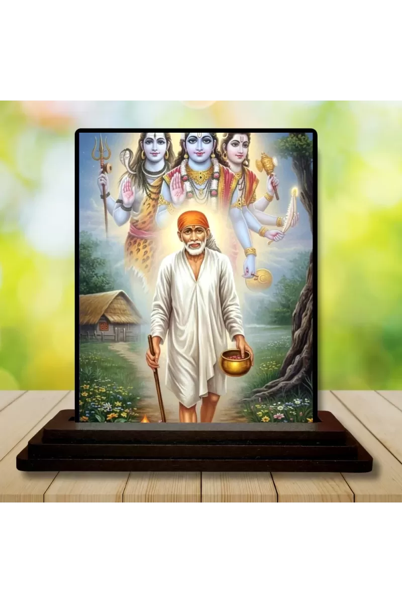 Car Dashboard Sai Baba Wooden Photo Stand  3x4 Inches, Compact & Stylish Spiritual Display For Car, Home & Office (Pack Of 1) (F49390)