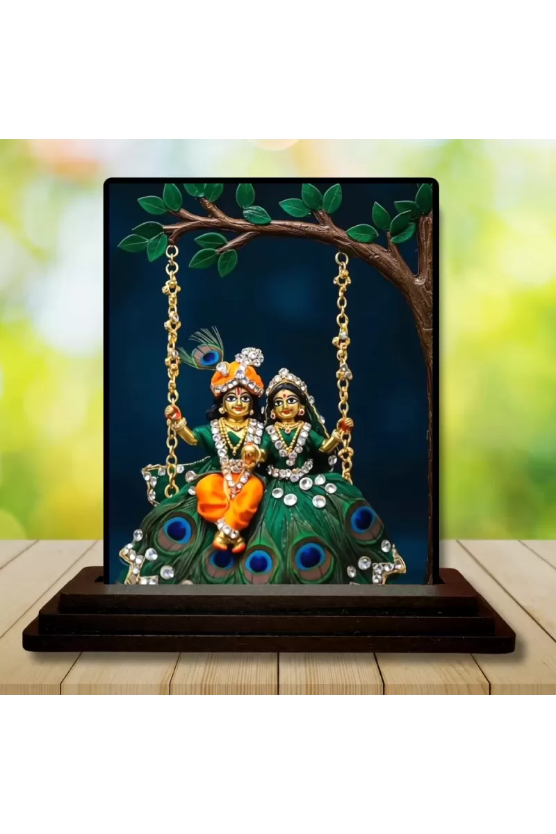 Car Dashboard Radha Krishna Wooden Photo Stand  3x4 Inches, Compact & Stylish Spiritual Display For Car, Home & Office (Pack Of 1) (F49392)