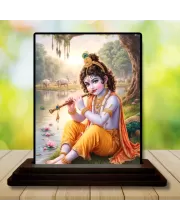 Car Dashboard Krishna Wooden Photo Stand  3x4 Inches, Compact & Stylish Spiritual Display For Car, Home & Office (Pack Of 1) (F49394)